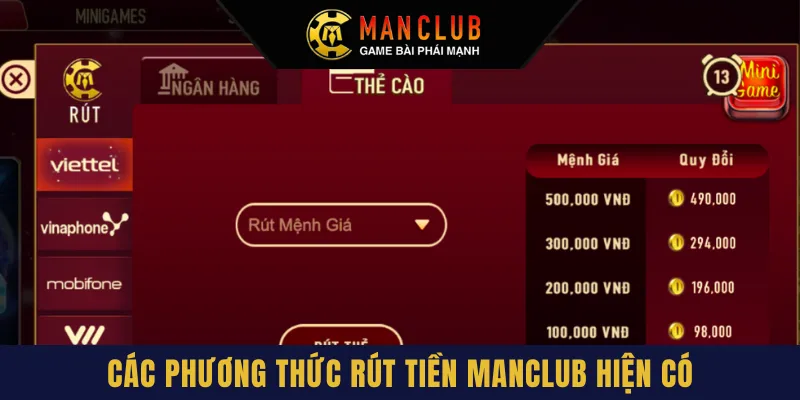 Các phương thức rút tiền ManClub hiện có